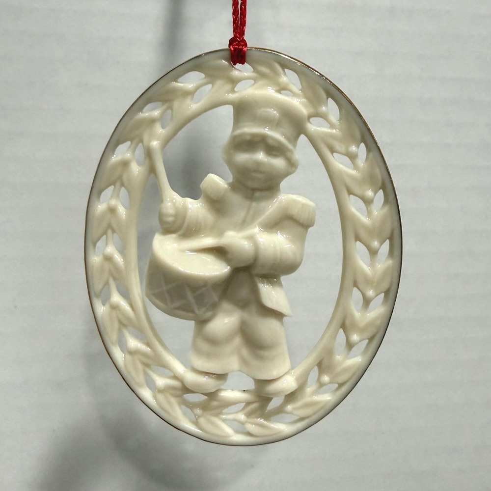 Vintage Lenox Porcelain Little Drummer Boy Christmas Ornament Oval Gold Trim 3"